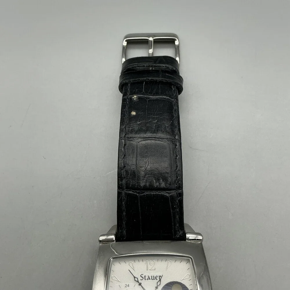 Stauer Mens Watch 35mm White Dial Black Leather Automatic Moon Phase For Parts